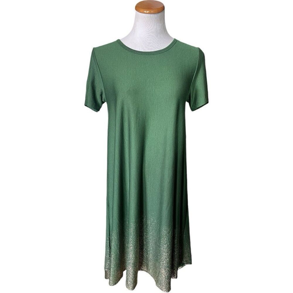Womens Lularoe Elegant Vault Holiday Green Metallic Foil Gold Carly Dress  Sz XS